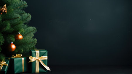 A dark blue background with a medium-sized Christmas tree and a few gift boxes underneathの素材
