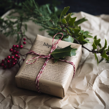 gift wrapped in newspaper with a sprig of holly and a handwritten tag that says "Happy Holidays."の素材