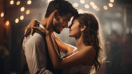 A couple dancing together, lost in the moment and wrapped in each other's armsの素材