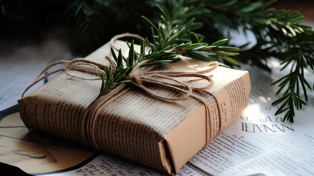 gift wrapped in newspaper with a sprig of holly and a handwritten tag that says "Happy Holidays."の素材
