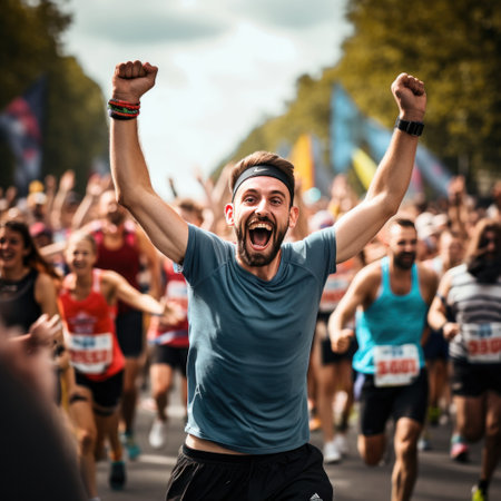 A dynamic shot of a runner crossing the finish line with their arms raised in triumph.の素材