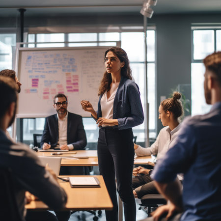 A female executive is standing in front of a whiteboard, presenting her ideas to a team.の素材