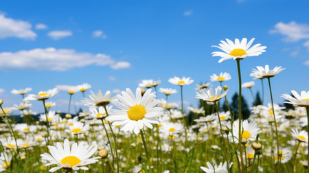 A group of white daisies with yellow centers in a meadow with a blue sky.の素材