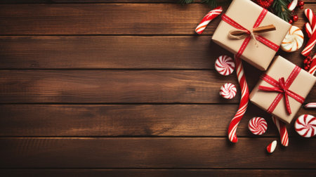 A festive flat lay of various wrapped gifts, Christmas decorations, and candy canes on a wooden table.の素材