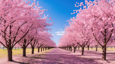 A field of pink cherry blossom trees in full bloom against a blue sky.の素材