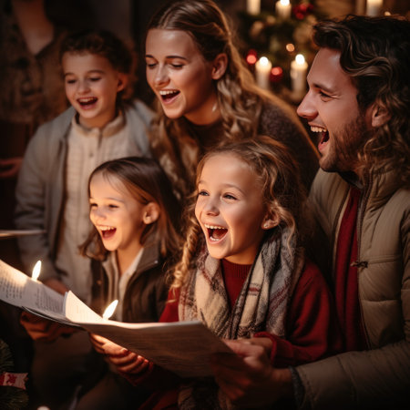 family members singing carols together, with smiles on their faces and the glow of Christmas.の素材
