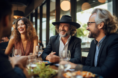 A group of business professionals enjoying a meal together at a trendy restaurant.の素材