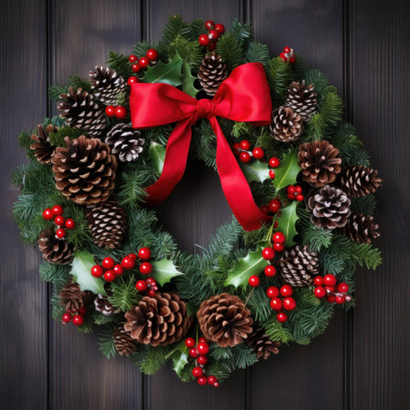 A festive wreath made up of pine cones and holly berriesの素材