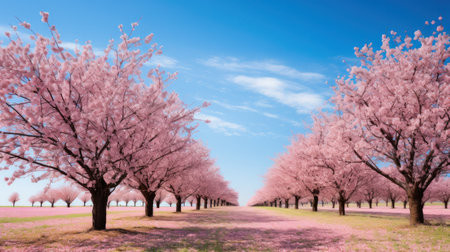 A field of pink cherry blossom trees in full bloom against a blue sky.の素材