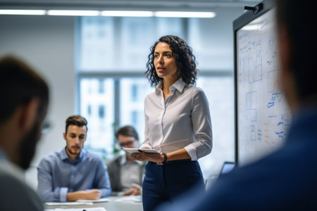 A female executive is standing in front of a whiteboard, presenting her ideas to a team.の素材