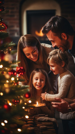 A happy family gathered around a beautifully decorated Christmas tree.の素材