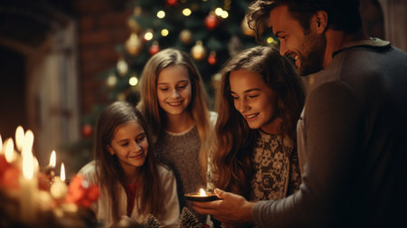 A happy family gathered around a beautifully decorated Christmas tree.の素材