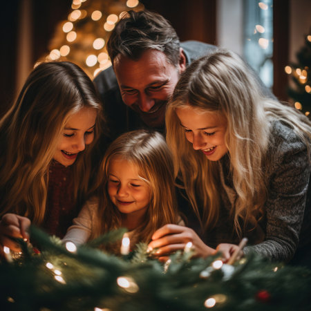 A group of family members decorating the Christmas tree togetherの素材