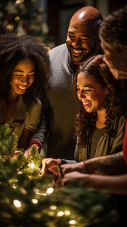A group of family members decorating the Christmas tree togetherの素材