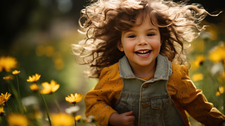 A fun and playful shot of a child running through a field of wildflowers, capturing the joy and freedom.の素材