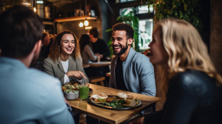A group of young professionals engaging in lively conversation over sandwiches and salads.の素材