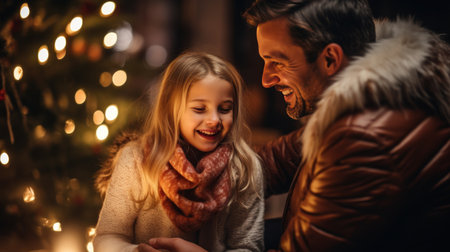 A happy family gathered around a beautifully decorated Christmas tree.の素材