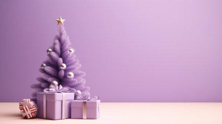 A light purple background with a tall and skinny Christmas tree and a few gift boxes underneath.の素材