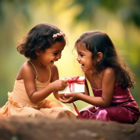 A heartwarming photo of a child sharing their gift with a friend or siblingの素材