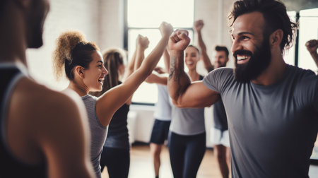 A group of friends high-fiving each other after a challenging workout class.の素材