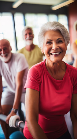 A group of seniors exercising together in a gym, with the focus on their determination and camaraderie.の素材