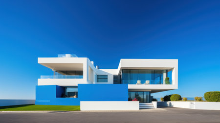 A modern home with a unique and eye-catching design stands out against a bright blue sky.の素材