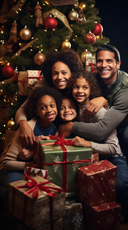 A heartwarming photo of a family gathered around the Christmas tree.の素材