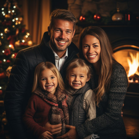 A happy family gathered around a beautifully decorated Christmas tree.の素材
