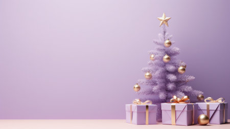 A light purple background with a tall and skinny Christmas tree and a few gift boxes underneath.の素材