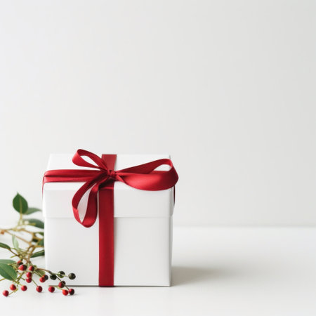 white gift box with a red ribbon and a green sprig of mistletoe on top.の素材