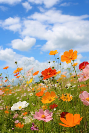 A mix of pink, yellow, and orange wildflowers in a field with a blue sky and clouds.の素材