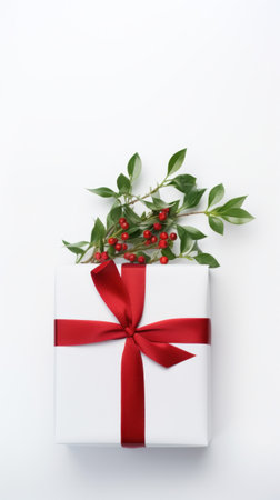 white gift box with a red ribbon and a green sprig of mistletoe on top.の素材