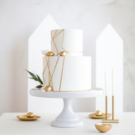 A modern and minimalist wedding cake with geometric shapes and gold accentsの素材