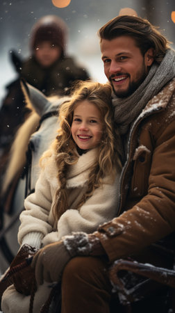 A loving family enjoying a sleigh ride through a winter wonderland, bundled up in warm blankets.の素材