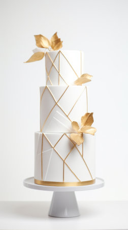 A modern and minimalist wedding cake with geometric shapes and gold accentsの素材
