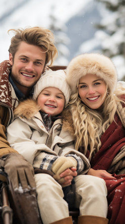 A loving family enjoying a sleigh ride through a winter wonderland, bundled up in warm blankets.の素材
