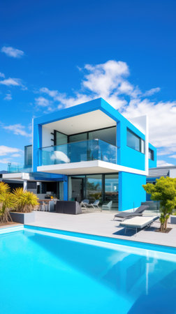 A modern home with a dramatic butterfly roof and a wall of glass provides breathtaking views.の素材