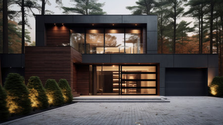 modern home surrounded by towering trees boasts an impressive entrance with a grand wooden door.の素材