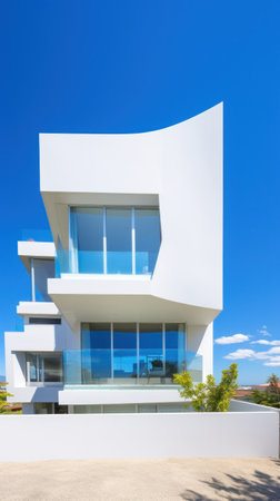 A modern home with a dramatic butterfly roof and a wall of glass provides breathtaking views.の素材