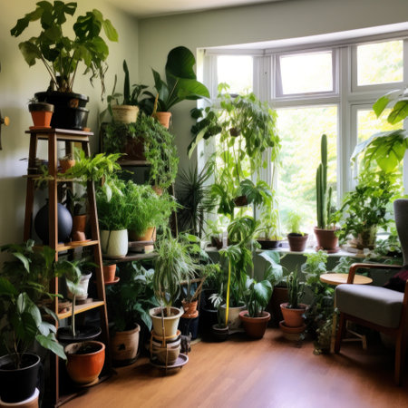 plant-filled corner of a room, featuring a mix of tall and short plants in different pots.の素材