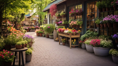 flower shop's garden, featuring rows of colorful flowers and greenery.の素材