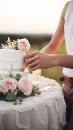 couple holding hands with a white wedding cake on a table in the background.の素材