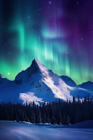 A picturesque snow-covered mountain range with a magical aurora borealis in the sky.の素材