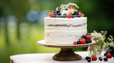 A rustic wooden table with a white wedding cake topped with fresh berries and flowers,の素材
