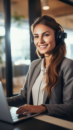 A portrait of a smiling businesswoman wearing a headset and working from her home office.の素材
