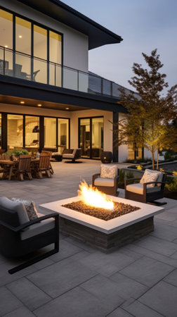 A spacious outdoor patio with a cozy fire pit invites relaxation and entertaining in front.の素材