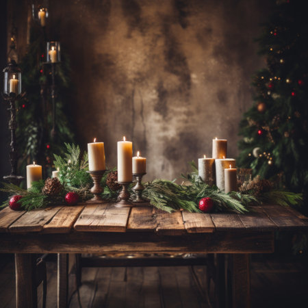 A rustic wooden table adorned with candles and festive greenery.の素材