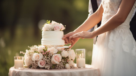 couple holding hands with a white wedding cake on a table in the background.の素材