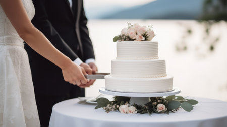 Photo for couple holding hands with a white wedding cake on a table in the background. - Royalty Free Image