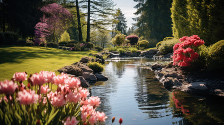 A stunning photo of a garden pond surrounded by lush greenery and colorful flowersの素材